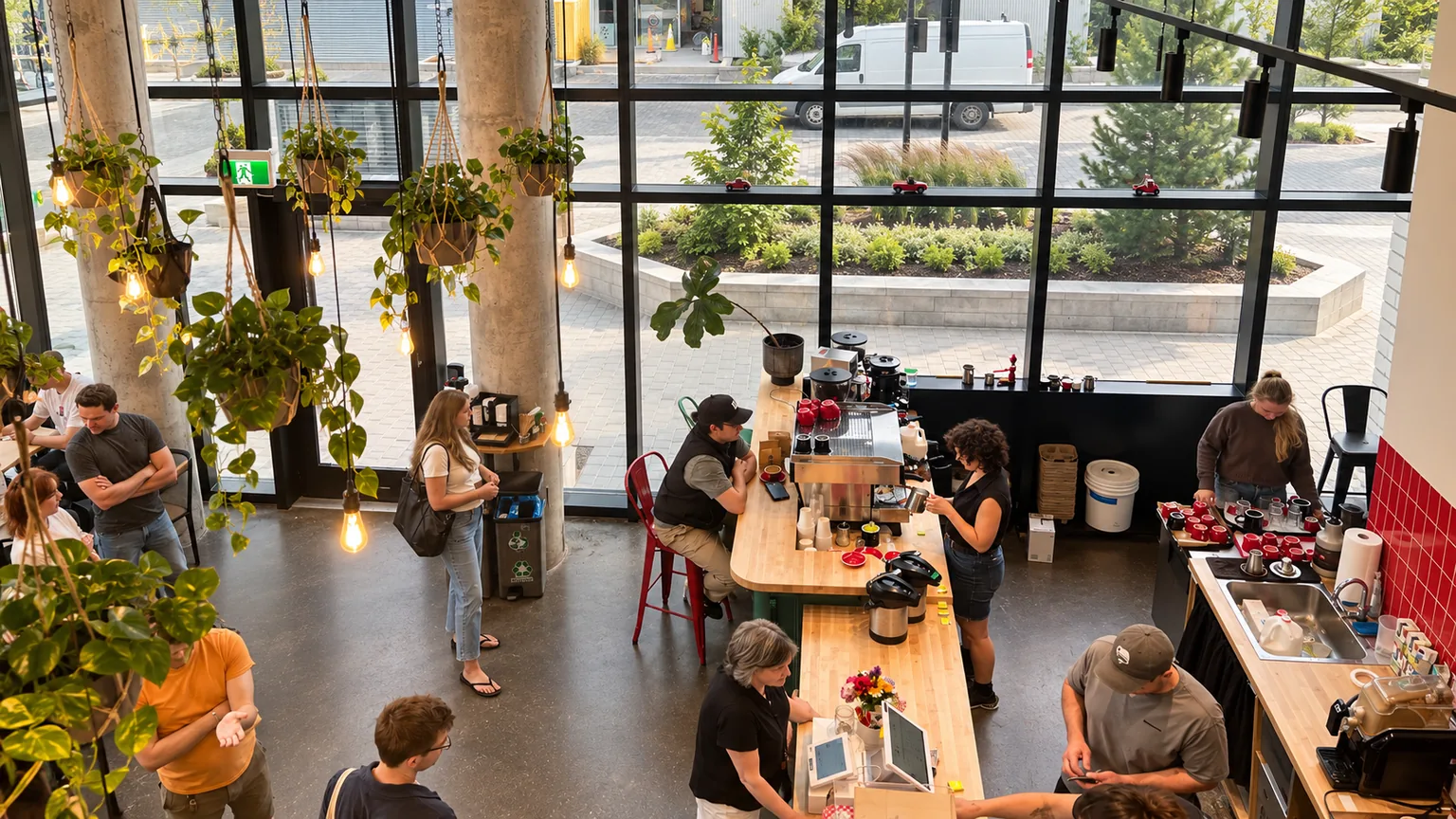 Espresso 46’s coffee bar, hanging plants and window seating